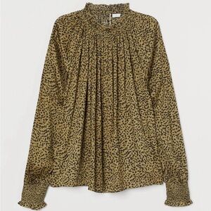 H&M Animal Print Olive & Black Smocked Wide Frilled Collar Blouse - Sz 6